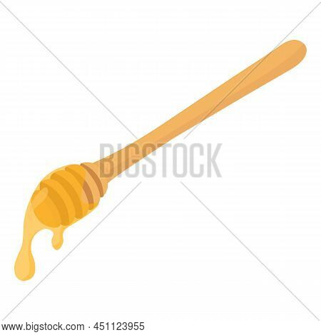 Honey Dipper With Drop. Wooden Spoon For Liquid Sweetness. Isolated On White Background.