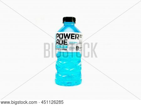 Mountain Blast Flavor Isolated Over White. Powerade Replenishes Vitamins And Electrolytes Lost Durin