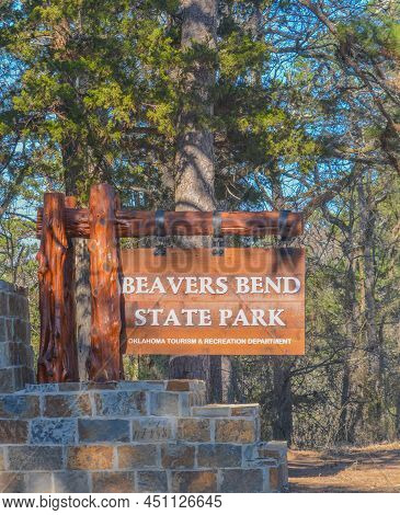 The Entry Sign For Beavers Bend State Park In Broken Bow, Oklahoma