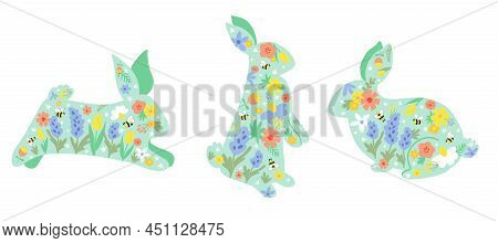 Floral Easter Bunny Set. Floral Rabbit Collection. Spring Rabbit Happy Easter Rabbit Vector Illustra