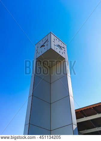 Dzierzoniow Slaski, Poland - April 2021: Big Clock Tower At Owl Mountains Communication Center With 