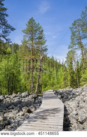 View Of The Pyha-luosto National Park In Summer, Wooden Walkway, Trees And Rocks, Lapland, Finland