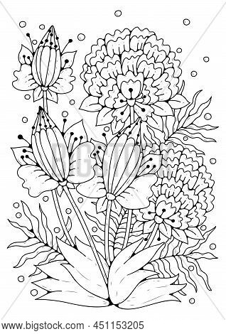 Coloring Page, Art Therapy. Artline A Bouquet Of Flowers For Coloring. Black And White Vector Floral