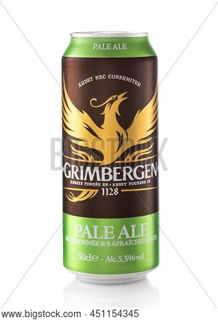 London,uk - February 22,2022: Grimbergen Pale Beer In Aluminium Can On White.