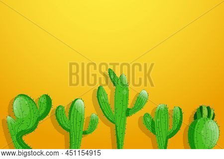 Tall Succulent Cactuses With Thorns On Color Background. Vector Drawing Set Illustration For Icon, G