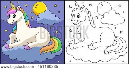 This Coloring Page Shows A Unicorn Lying On The Cloud. One Side Of This Illustration Is Colored And 