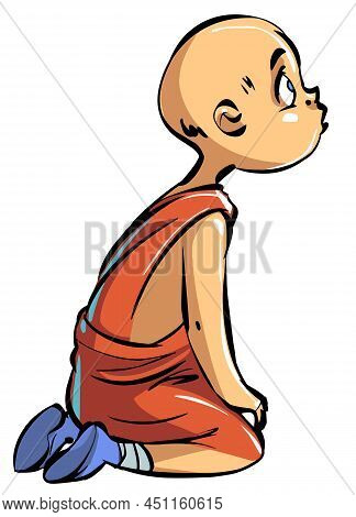 Cartoon Cute Illustration Buddhist Monk Child Is Surprised.