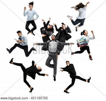 Emotional Office Workers Jumping And Dancing In Casual Clothes And Business Suit With Folders, Coffe