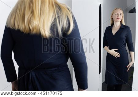 Eating Disorder. Woman Stands In Front Of The Mirror And Sees Herself Differently. Thin And Fat Fema