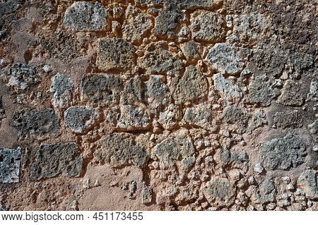 Old Gray Brick Wall. Photo Of Surface Of Vintage Stony Wall. Wide Angle. Vintage Brickwork View. Gre