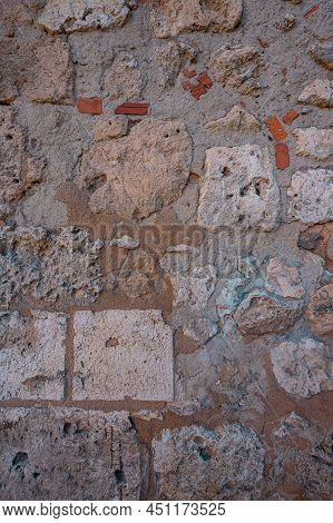 Old Gray Brick Wall. Photo Of Surface Of Vintage Stony Wall. Wide Angle. Vintage Brick Stiffness. Gr
