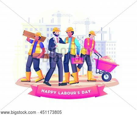 Construction Workers Working Together To Build A Building On 1th May Labour Day. Flat Style Vector I