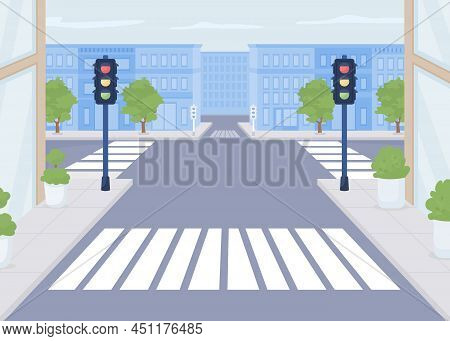 Pedestrian Crossing Flat Color Vector Illustration. Modern Urban Lifestyle. Public Area. Optimal Loc