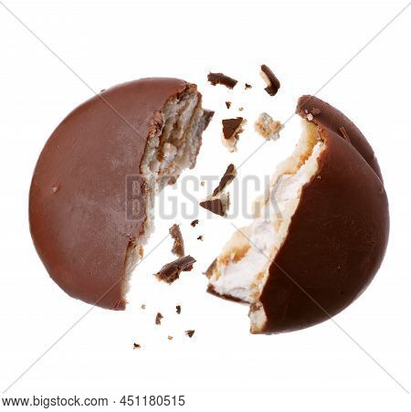 Broken Delicious Choco Pie On White Background