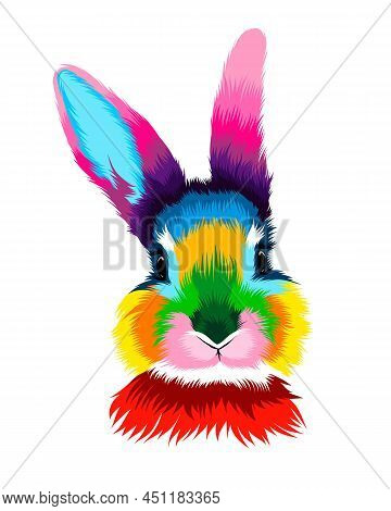 Abstract Rabbit Head Portrait, Hare From Multicolored Paints. Colored Drawing