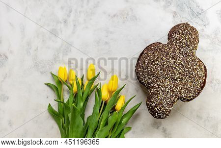 Traditional Italian Easter Cake With Chocolate, Colomba Di Pasqua Or Easter Dove. Delicious Sweet Br