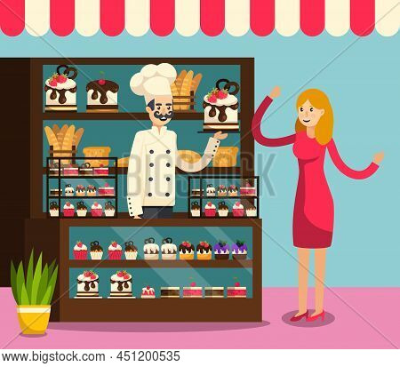Colored Flat Caf Composition With Employee Behind The Counter Of Cafe Selling Cakes To Buyer Vector 
