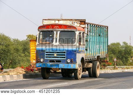 Rajasthan, India - February 27, 2022: Blue Truck Ashok Leyland At An Intercity Road.