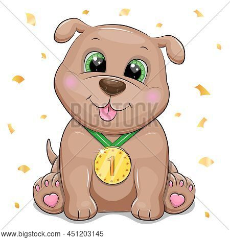 Cute Cartoon Pupy With A Golden Medal. Vector Illustration Of A Winner Isolated On White.