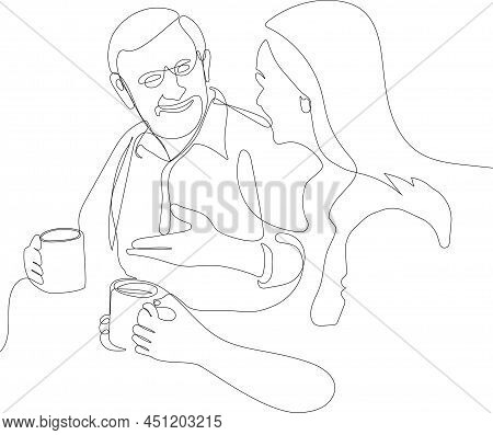 Continuous One Line Drawing Of A Relaxed Senior Gentleman Old Man And Beautiful Young Girl Are Drink
