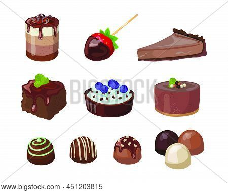 Chocolate Desserts Set. Vector Illustrations Of Sweet Food And Snacks. Cartoon Round Or Square Cakes