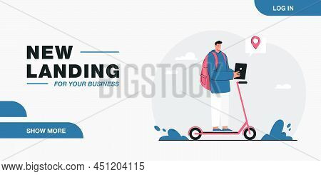 Man Riding Kick Scooter And Checking Location On Online Map. Person Using Application On Tablet Flat