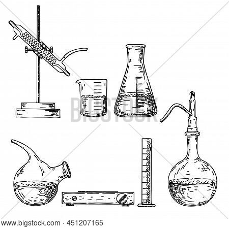 Laboratory Equipment Hand Drawn Vector Illustrations Set. Chemicals And Alchemy Glassware Illustrati