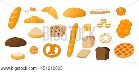 Bread Icons. Cartoon Wheat Bakery Products, Baguette Bagel Croissant Loaf. Vector Pastry Collection