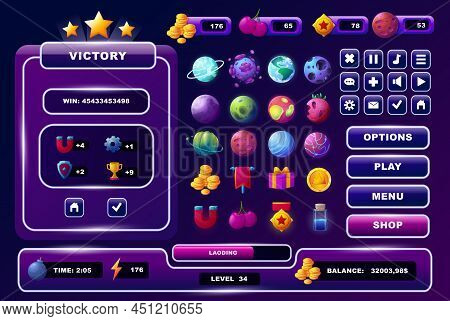 Space Game . Cartoon Web And Mobile Game Icons, Progress-bar, Score Counter And Panels. Vector Set