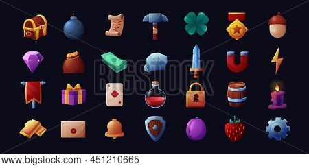 Cartoon Game Icons. Mobile Game Elements, Weapon Potion Money Trophy And Inventory Elements. Vector 