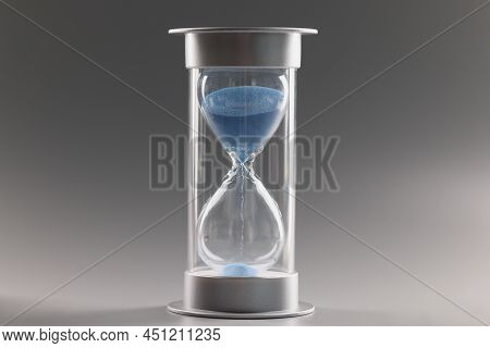 Close-up Of Measure Passing Time, Countdown, Blue Sand Running Through Bulbs Of Hourglass. Urgency, 