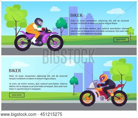 Biker Colorful Vector Illustration With Riding Men, Cityscape Buildings, Text Sample And Push Button