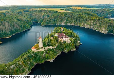 Panoramic View Of Zvikov Castle On The Hill With Trees Surrounded By River Vltava And Otava In South