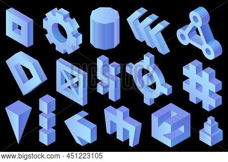 Abstract Vector Shapes, 3d Rendering. Abstract Isometric, 3d Shapes In Blue Color Isolated On Black 