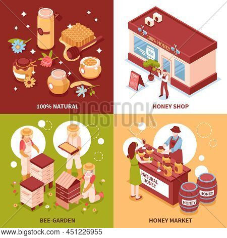 Bee Keeping Honey Production And Sale 4 Isometric Icons Concept With Beehives And Market Isolated Ve