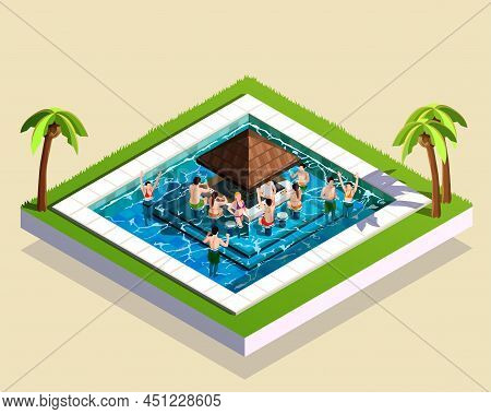 Young Friends Having Fun In Water Park Swimming Pool With Bar In Middle 3d Isometric Vector Illustra