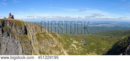 Panoramic View Of Snow Cirques Cliff With Old Tv Transmitter Building And Sniezne Stawki Lakes In Po