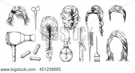 Barber Equipment. Woman Hairstyles And Hairdresser Tools. Haircut Or Wig Models. Scissors, Curlers A