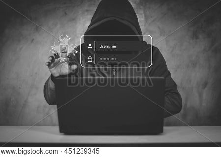 Hacker, Hacker Hacks Network, Hacker On A Dark Background. Dangerous Hooded Hacker Breaks Into Gover