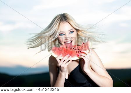 Young Girl Eating Watermelon, Summer Tropical Fruits. Beauty Woman Face. Emotional Face. Human Emoti