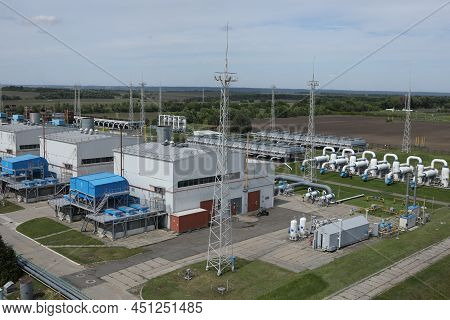 Gas Transportation System. Booster Pumping Station For Gas. Gas Filling Station And Gas Tanks. Trans