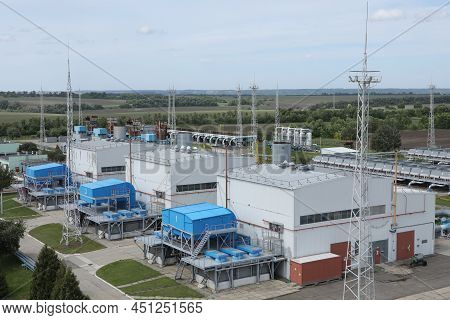 Gas Transportation System. Booster Pumping Station For Gas. Gas Filling Station And Gas Tanks. Trans