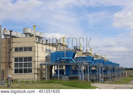 Gas Transportation System. Booster Pumping Station For Gas. Gas Filling Station And Gas Tanks. Trans