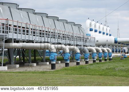 Gas Transportation System. Booster Pumping Station For Gas. Gas Filling Station And Gas Tanks. Trans