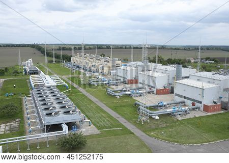 Gas Transportation System. Booster Pumping Station For Gas. Gas Filling Station And Gas Tanks. Trans