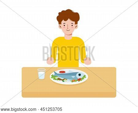 Happy Young Man Eating Healthy Foods For Lunch. Meal Of Morning And Dinner, People Healthy Lifestyle