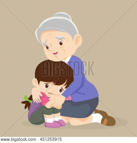 Old Grandma Embracing Little Crying Girl Comforting Upset Granddaughter, Senior Caring Grandmother H