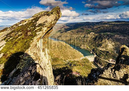 Mountain Landscape And Douro River With Spanish Saucelle Dam. Border Between Portugal And Spain. Nat