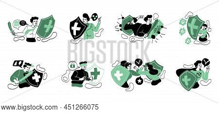 Set Of People With Shields Protecting From Dangers. Men And Women Protect Against Risks, Insure Life