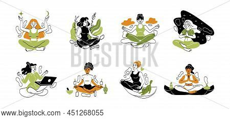 Set Of Meditating Women. Female Characters Sit In Lotus Position, Relax And Restore Energy. Yoga For